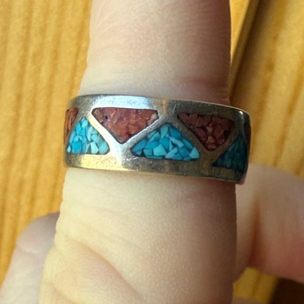 Turquoise and Red Inlay Sterling Ring - Picture 2 of 4